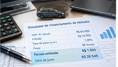 Simulação de financiamento de veículo com entrada, taxa, prazo e parcela.